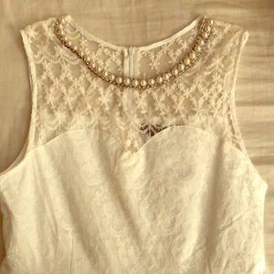 White sweetheart lace skater dress with pearls